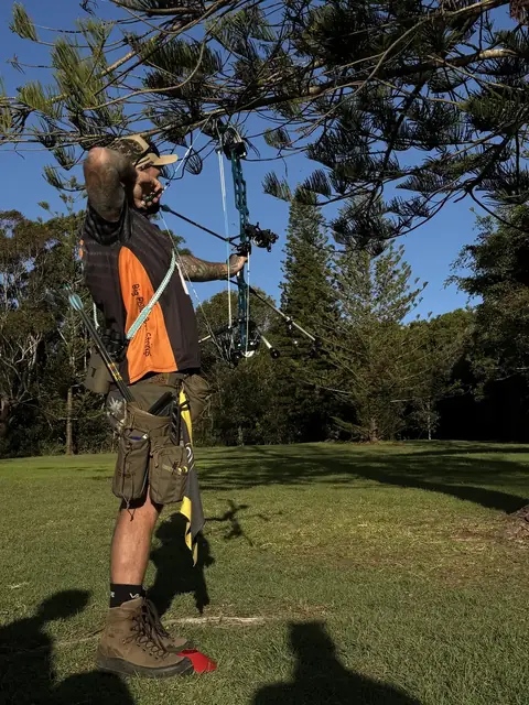 An archer shooting on a grass range under tall pines.