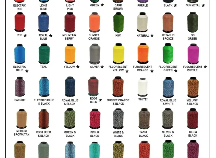 Rows of named spools from the printed string colour chart.