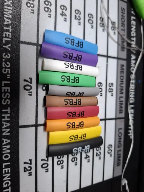 String colour sample strips laid across the draw length chart.