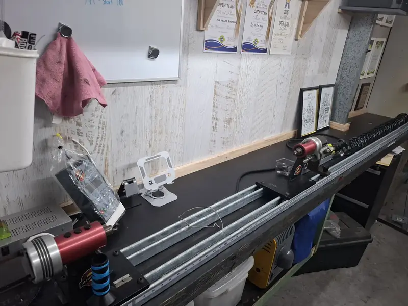 The full length of the string jig, set up for a compound set.