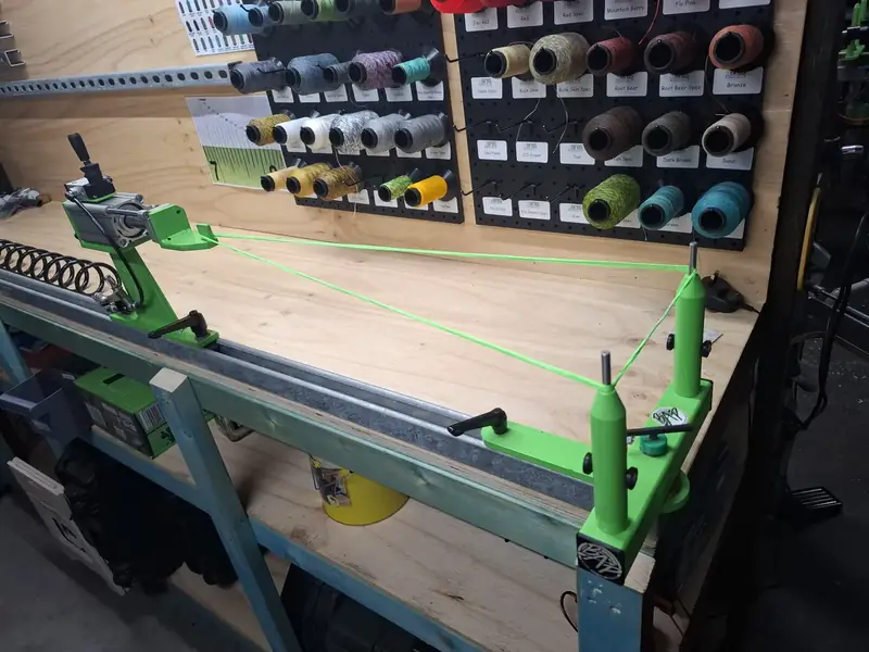 The jig on the bench, with the colour wall behind it.