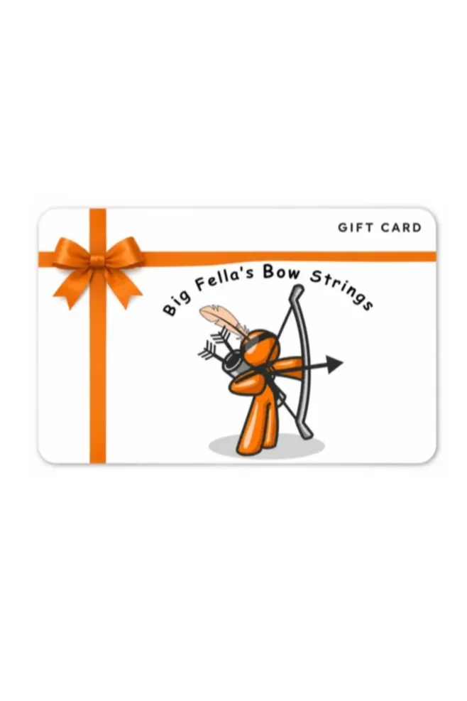 A Big Fella's Bow Strings gift card: a white card with an orange ribbon, the BFBS name and the mascot drawing a bow.