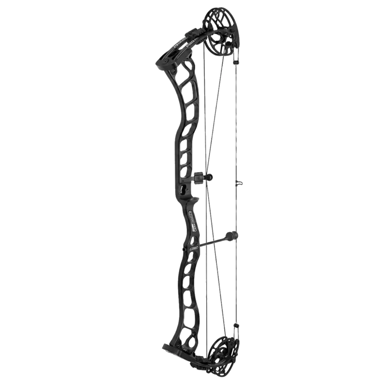 Black compound bow, strung.