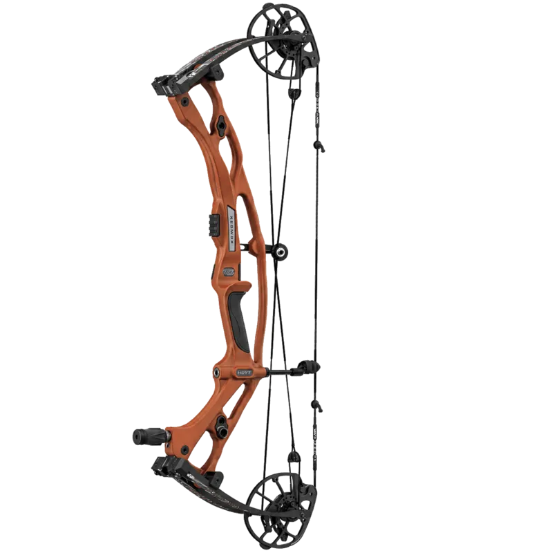 Compound bow with an orange riser, strung.