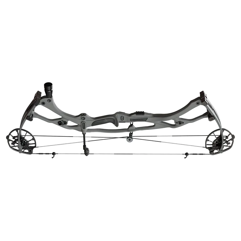 A grey compound bow, strung with a 2 or 3 string set.