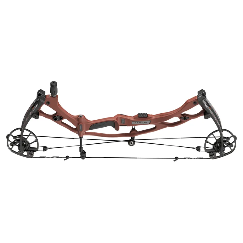 A brown compound bow, strung with a 4 or 5 string set.